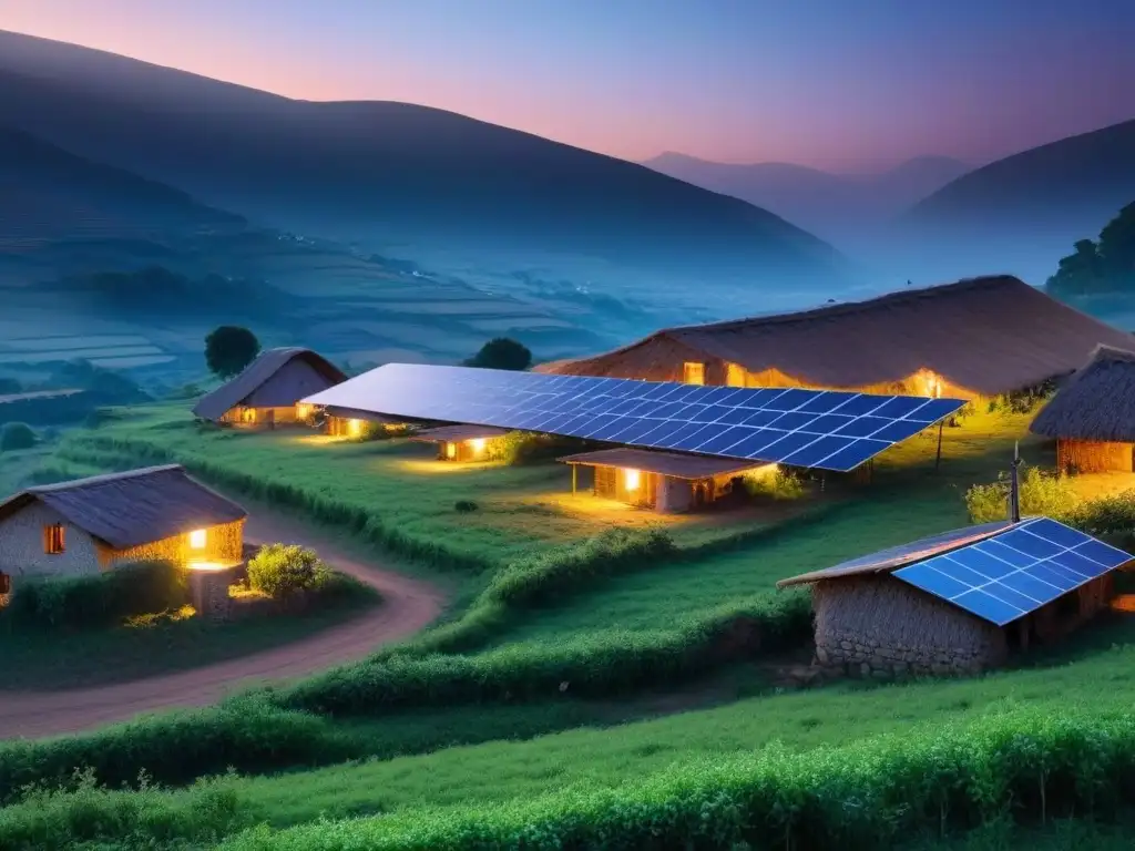 Un pueblo remoto iluminado por luces solares, transmitiendo esperanza y unidad