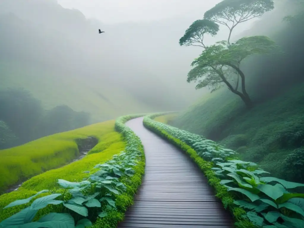 Un puente verde conectando ecosistemas, con vida silvestre y colores terrosos