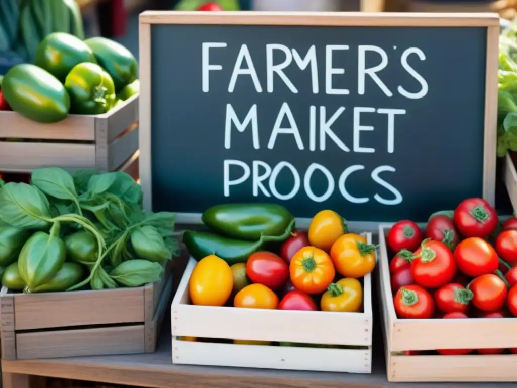 Un puesto de mercado con alimentos frescos y coloridos como tomates, pimientos y bayas