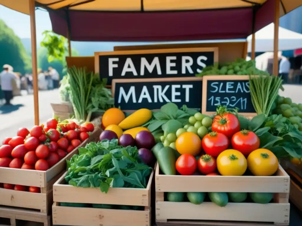 Un puesto de mercado lleno de frutas y verduras frescas y coloridas, bañado por la luz del sol