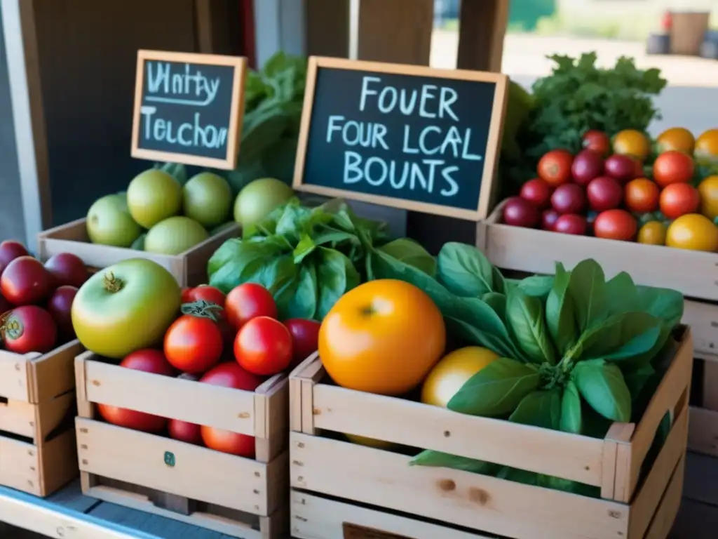 Un puesto de mercado lleno de frutas y verduras frescas y coloridas, destacando tomates heirloom, bayas jugosas y manzanas crujientes