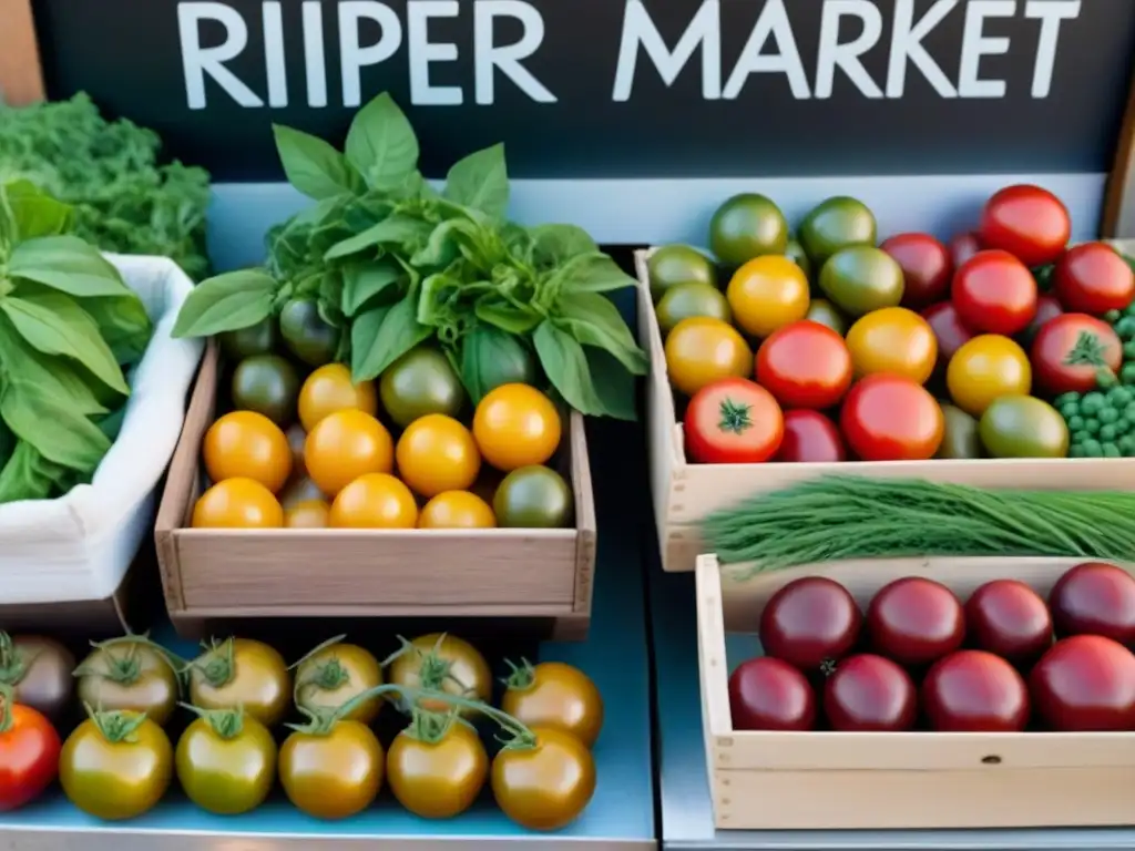 Un puesto de mercado lleno de productos frescos y coloridos, resaltando la belleza de los Alimentos Km 0 sostenibles