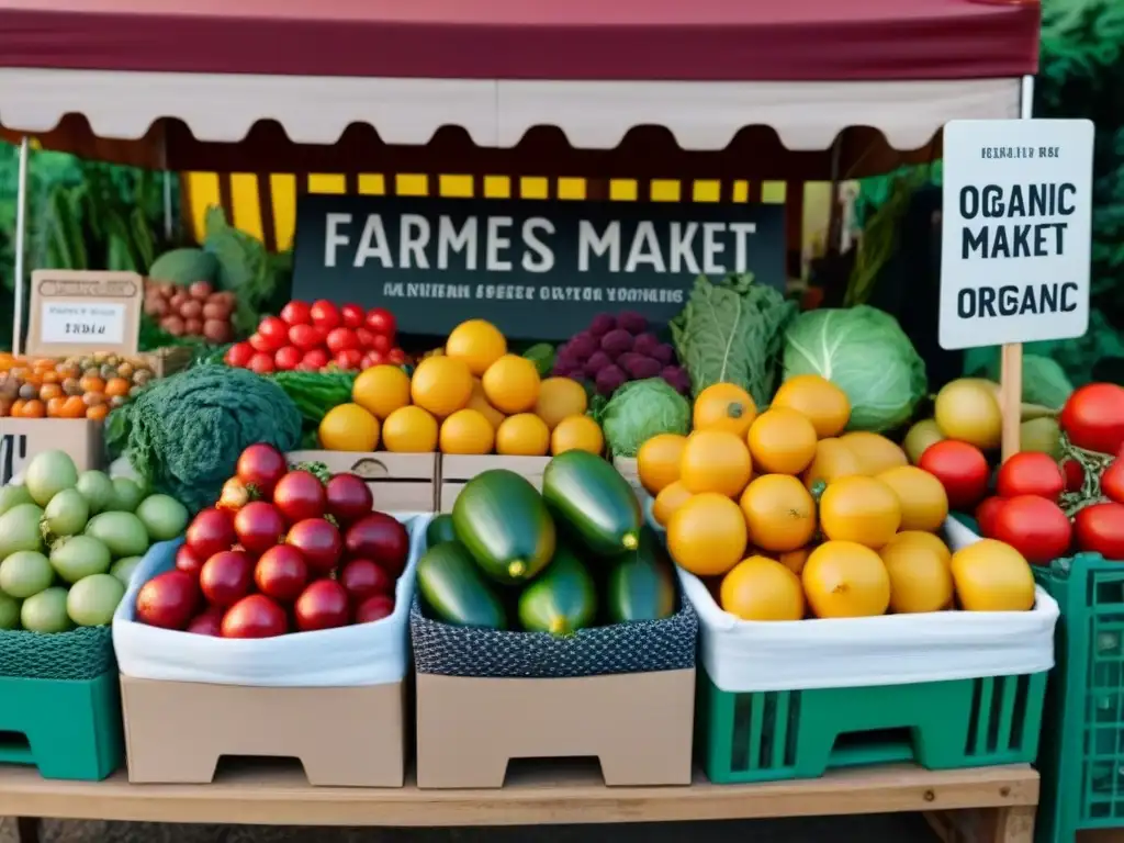 Un puesto de mercado rebosante de frutas y verduras orgánicas en empaques ecológicos, mostrando frescura y sostenibilidad