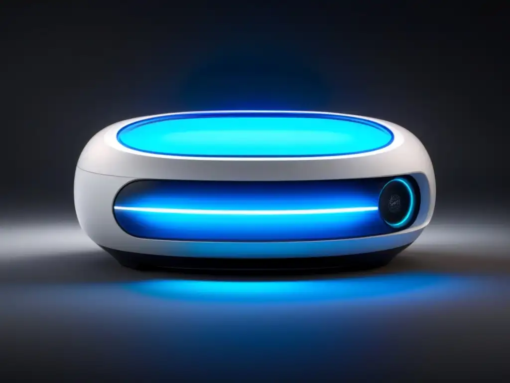 Purificador de aire para coches eléctricos: dispositivo moderno en blanco futurista con luces LED azules y pantalla digital de calidad del aire