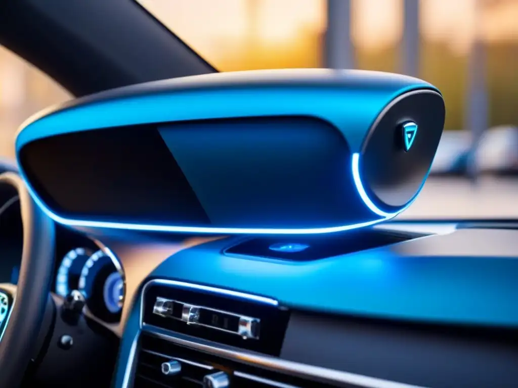 Un purificador de aire para coches eléctricos, con diseño compacto y futurista, emitiendo una suave luz azul en un entorno minimalista