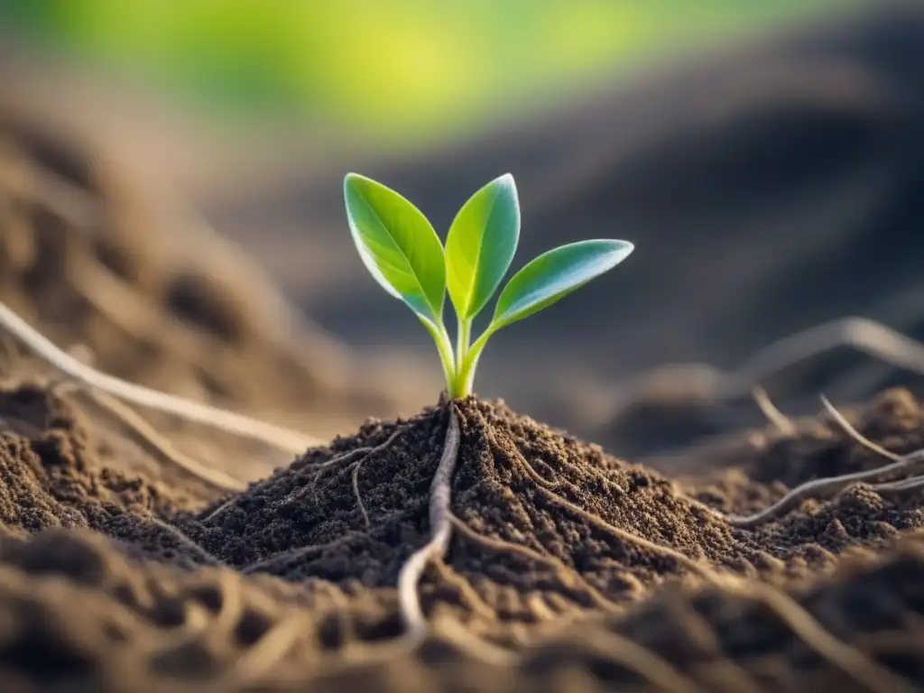 Raíces delicadas de planta verde en tierra fértil, simbolizando vida y los beneficios de una alimentación basada en plantas