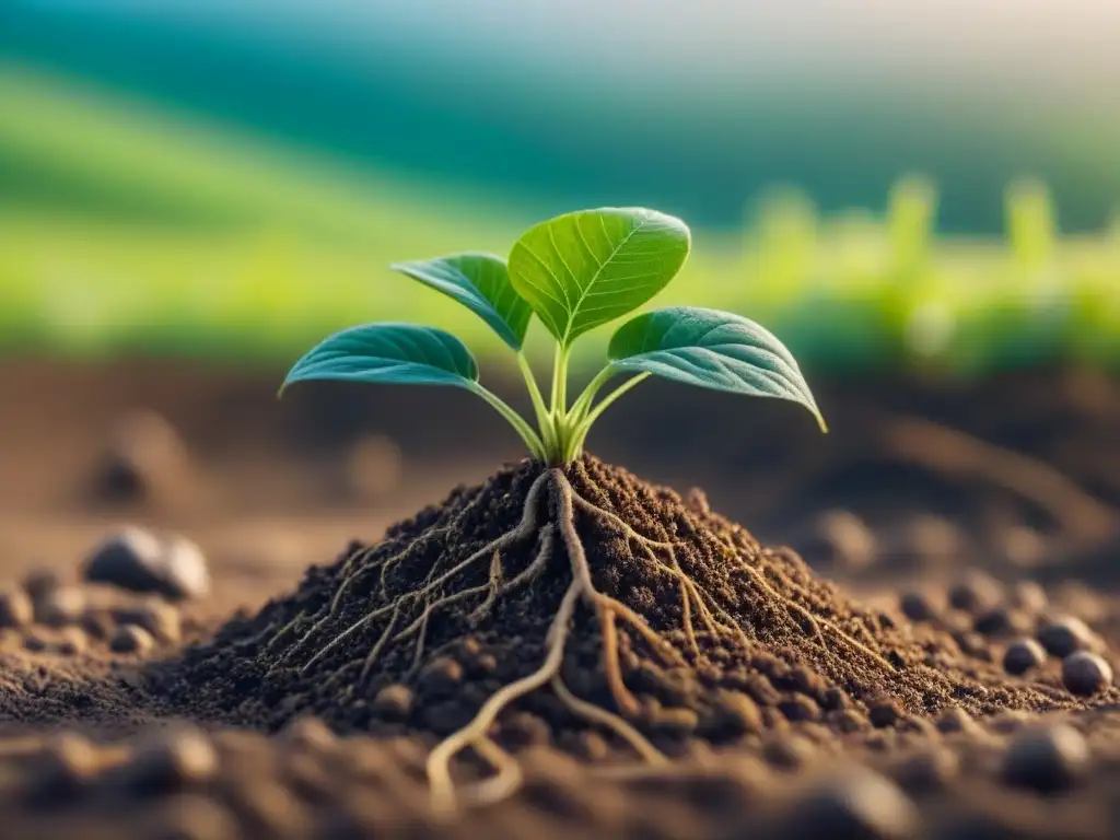 Raíces de plantas entrelazadas en una partícula de suelo, destacando la importancia de la prevención de la erosión por residuos agrícolas