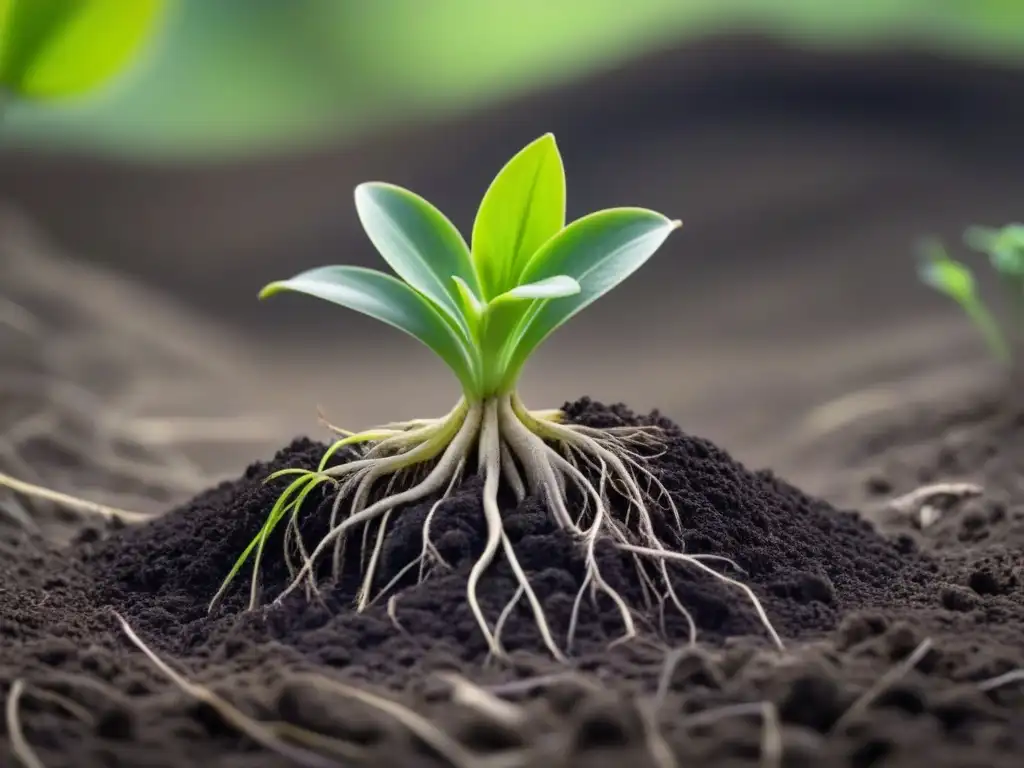 Raíces de planta vibrantes en suelo oscuro: simbiosis natural Raíces verdes vibrantes entrelazadas con tierra oscura, muestra la relación plantas-ambiente en forma minimalista
