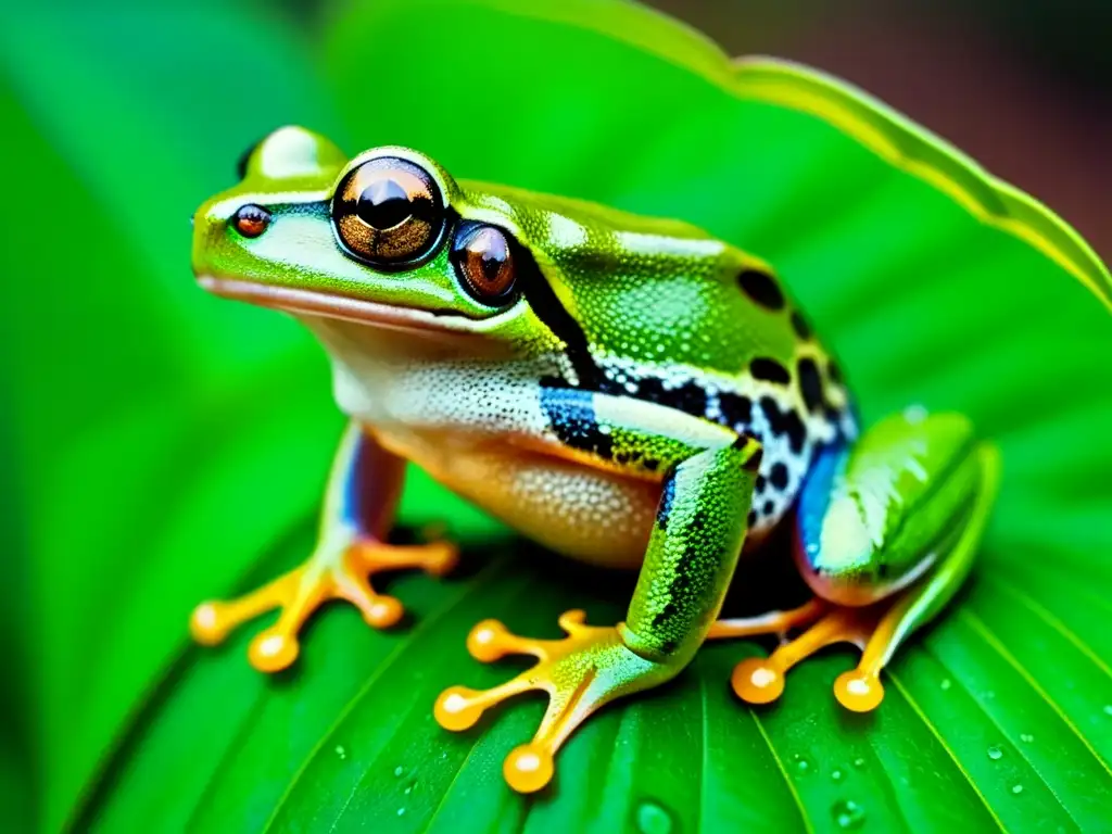 Una rana verde vibrante en la selva tropical, resaltando la biodiversidad y los beneficios corredores biológicos comunidades