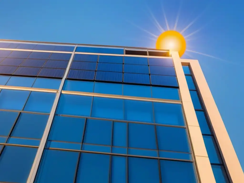 Un rascacielos moderno con paneles solares integrados, reflejando el sol