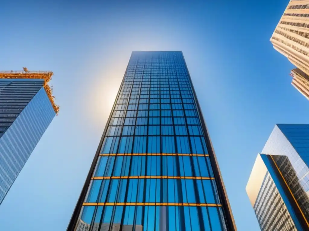 Un rascacielos moderno y sostenible, construido con materiales reciclados, brilla bajo el cielo azul