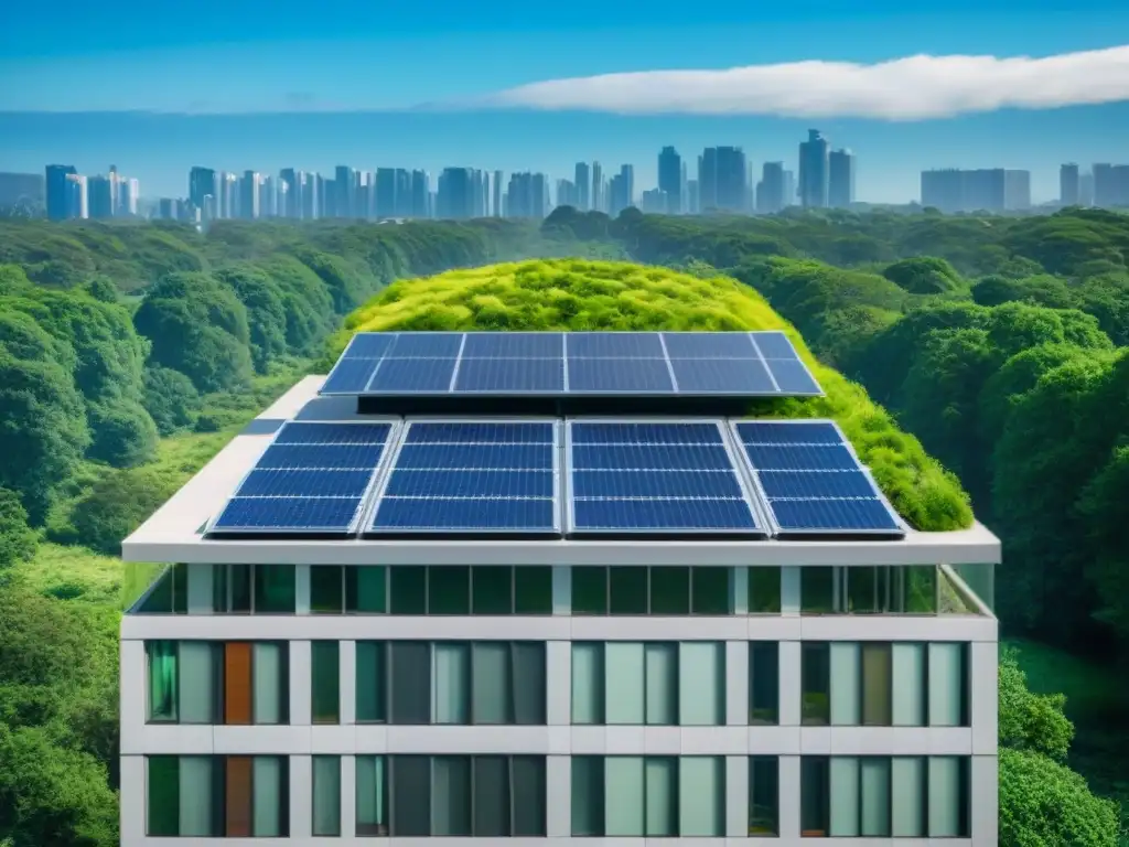 Un rascacielos moderno con techo verde y paneles solares rodeado de árboles y cielo azul, certificación LEED en construcción verde