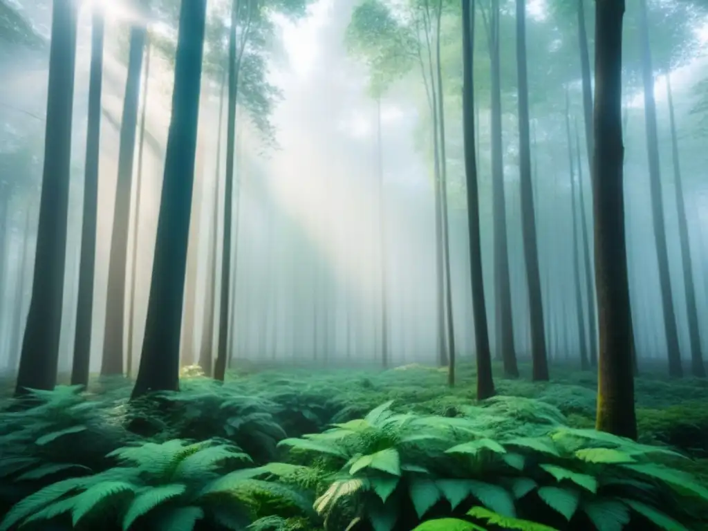 Rayos de sol iluminando un bosque verde exuberante, resaltando la belleza natural