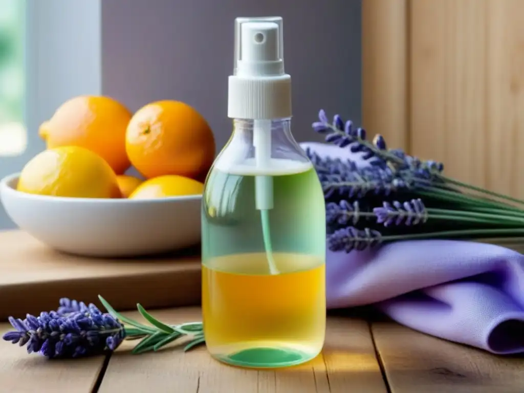 Receta casera de limpiador ecológico con vinagre y aceites esenciales en botella de vidrio rodeada de lavanda y cítricos