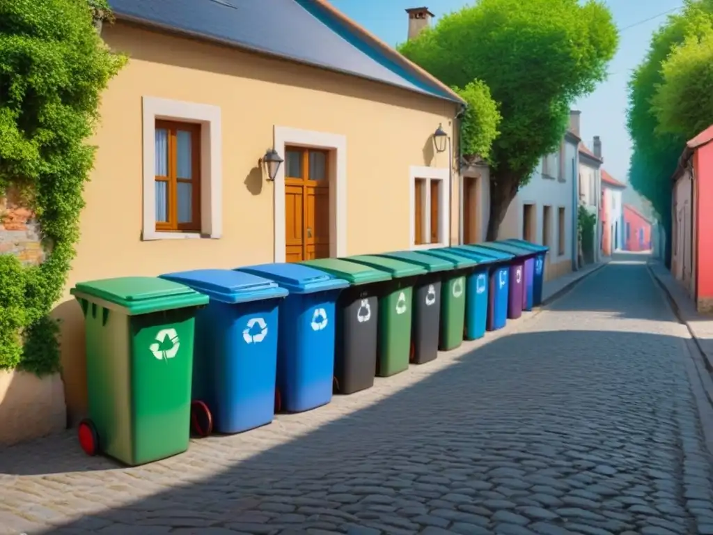 Reciclaje en comunidades pequeñas sostenible: Coloridos contenedores en calle rural con árboles y cielo azul