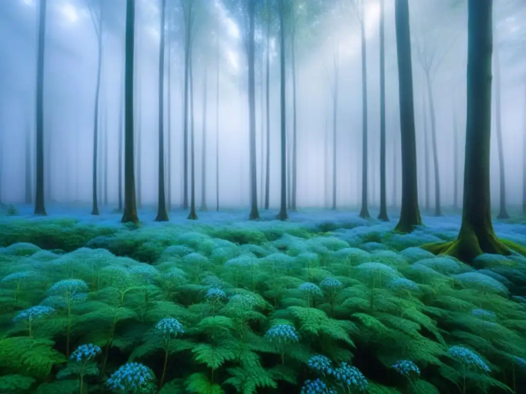 Una red de datos interconectados sobre un bosque verde en la niebla, simbolizando la armonía entre análisis avanzado y consumo responsable