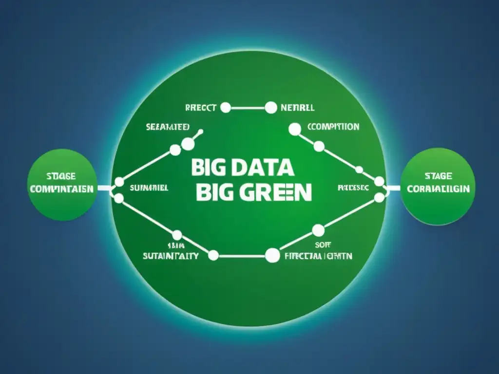 Una red sofisticada de nodos verdes conectados, representando la Cadena de Suministro Verde Sostenible con precisión y ecoamigable