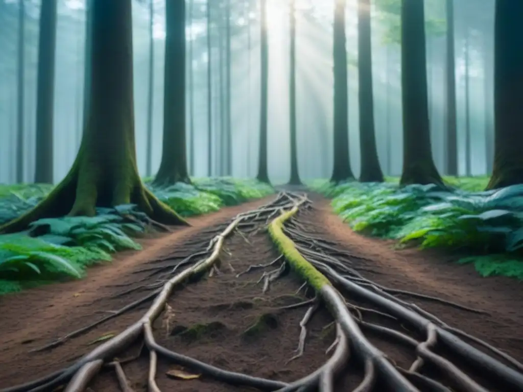 Blockchain: Raíces verdes en bosque sereno Redes de raíces entrelazadas en bosque verde, trazabilidad productos ecológicos tecnología blockchain