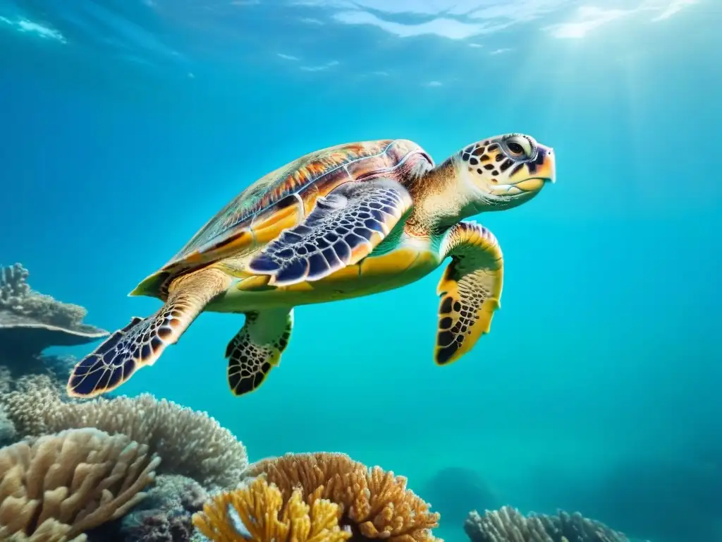 Reducción de residuos plásticos en océanos: una tortuga marina nada elegantemente entre arrecifes de coral y peces coloridos en aguas cristalinas