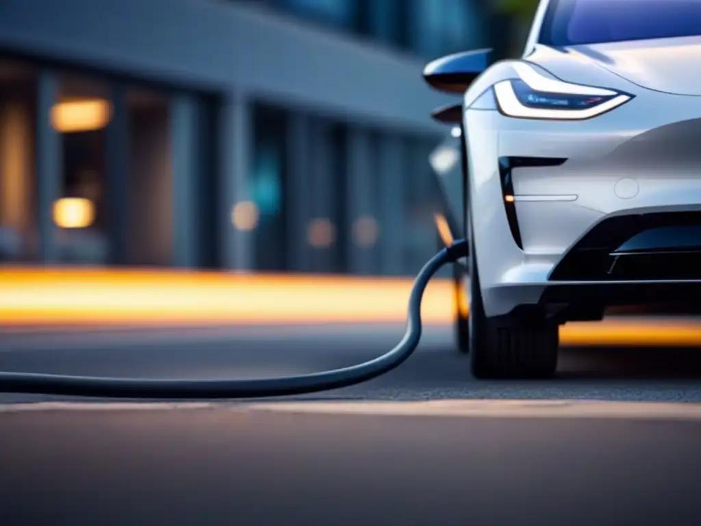 Reflejo futurista de coche eléctrico en estación de carga, destacando tecnología ecológica