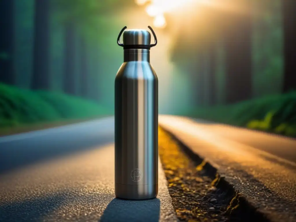 Un reflejo hipnótico en una botella de agua de acero inoxidable reutilizable, destacando su diseño impecable y sostenible