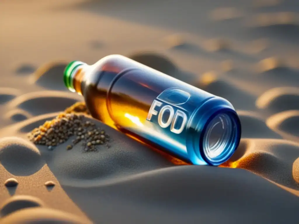 Reflejo del impacto de la contaminación por empaques de alimentos en una botella de plástico en la playa, iluminada por el sol con arena y agua