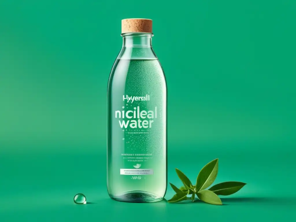 Un reflejo de pureza y sostenibilidad: botella de vidrio con agua micelar ecológica sobre fondo verde suave