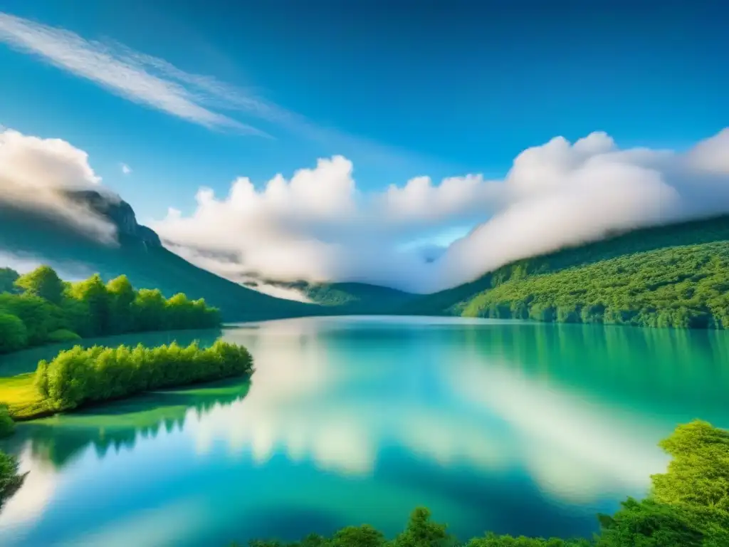 Reflejos de un bosque verde en un lago cristalino bajo un cielo azul con nubes blancas, conectando sonidos naturales para meditación