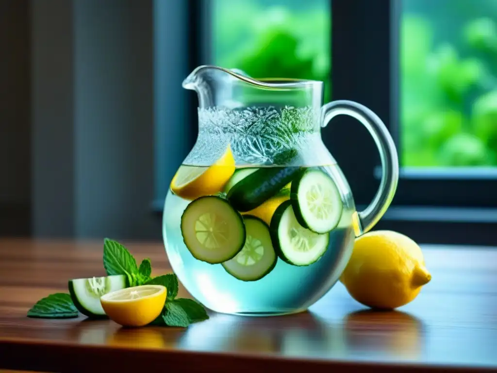 Refrescante bebida casera eco friendly con pepino, menta y limón en una jarra de vidrio sobre mesa de madera moderna