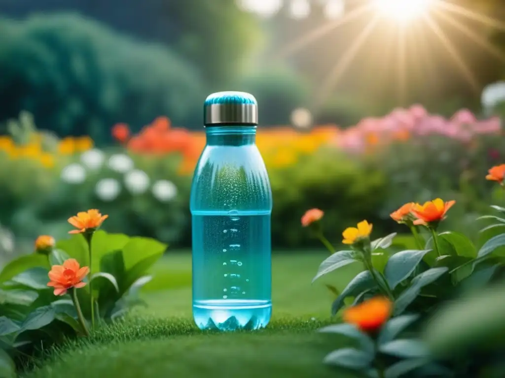 Un refrescante frasco de agua en un jardín sostenible