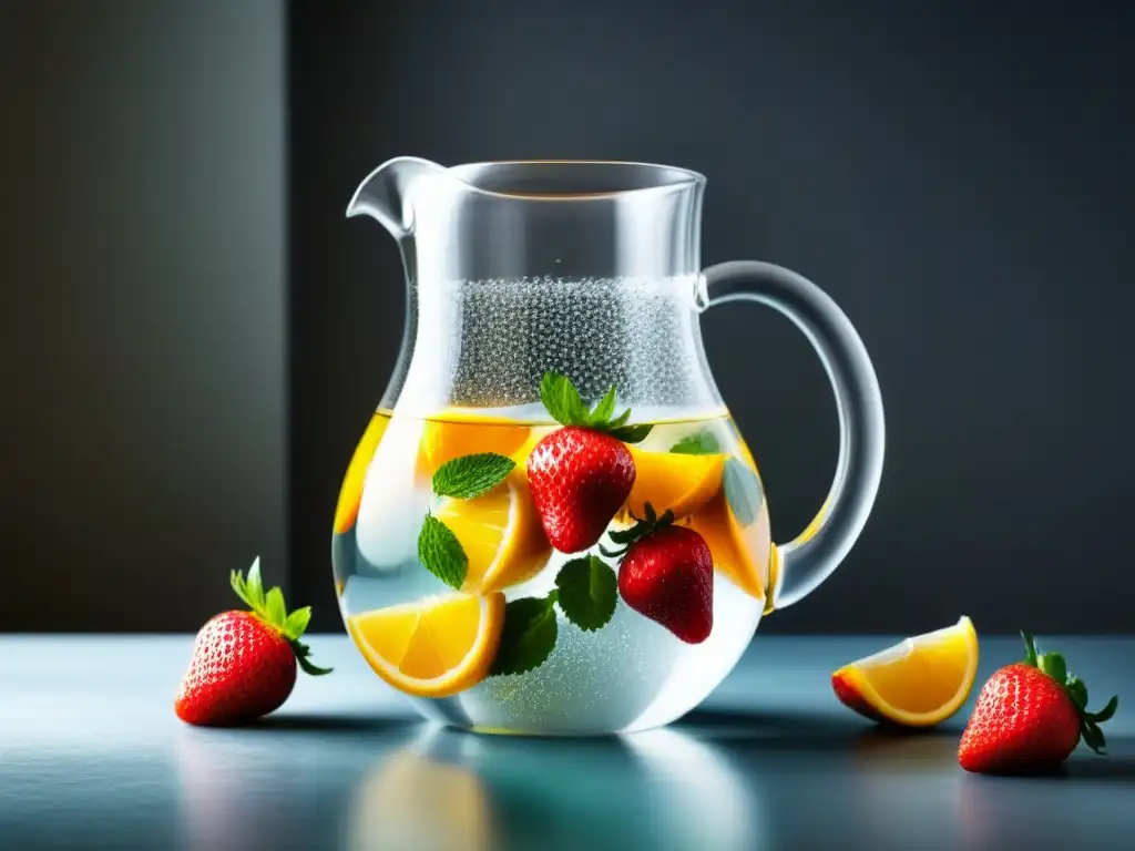 Refrescante jarra de agua con frutas orgánicas, ¡ideal para bebidas caseras eco friendly!