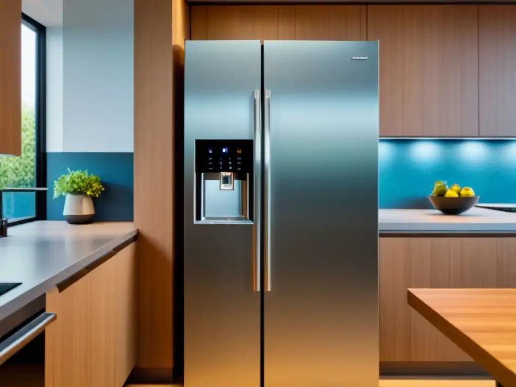 Un refrigerador de acero inoxidable moderno y elegante con características energéticamente eficientes, en una cocina minimalista con estilo sostenible