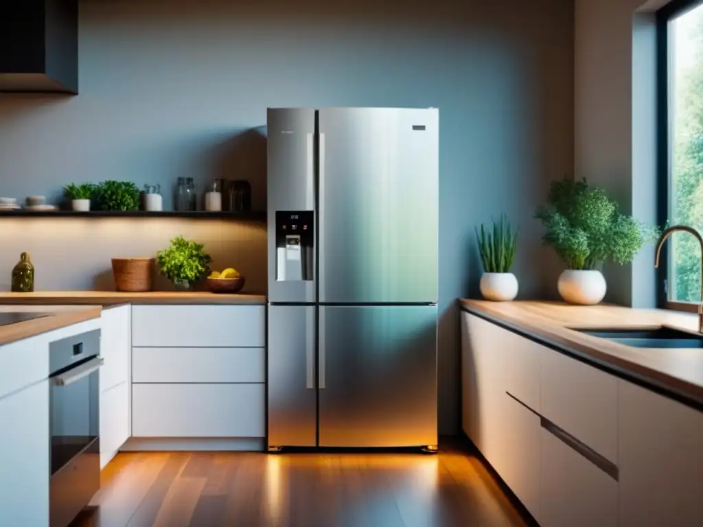 Un refrigerador de alta eficiencia sostenible en una cocina moderna y luminosa, con toques de plantas verdes y luz natural