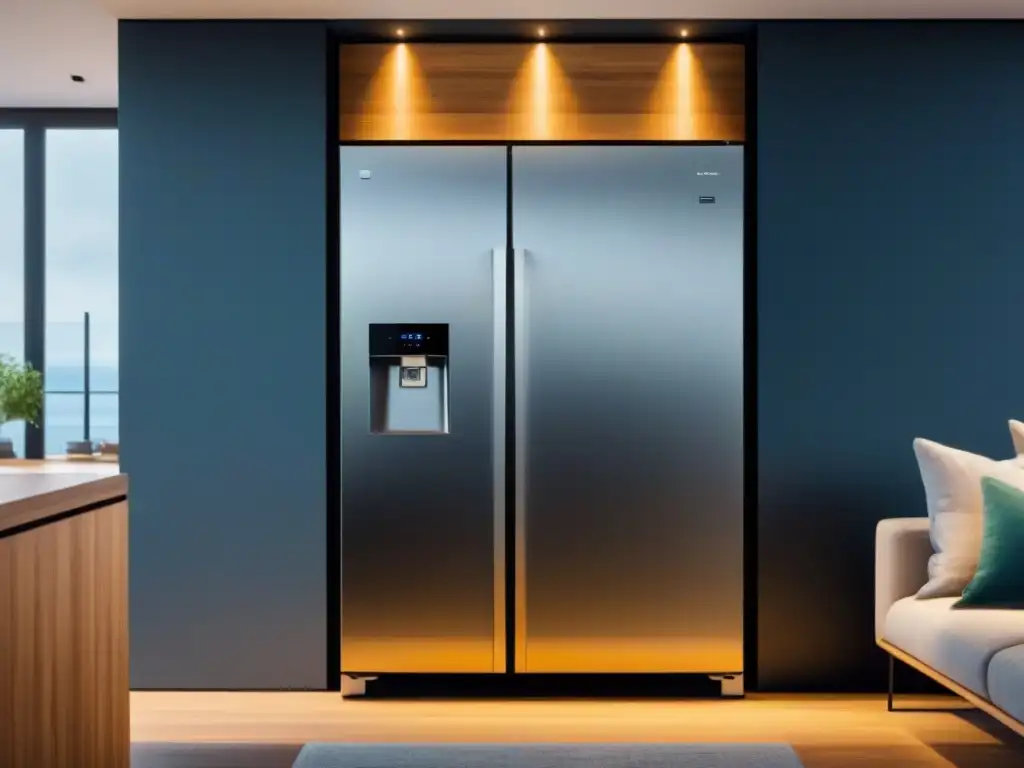 Un refrigerador de alta eficiencia sostenible con tecnología avanzada y paneles solares en una cocina moderna y elegante