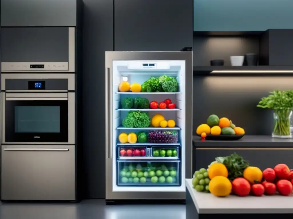 Un refrigerador ecológico moderno con frutas y verduras coloridas, organizadas en vidrio, promoviendo la conservación alimentos vida útil sostenible