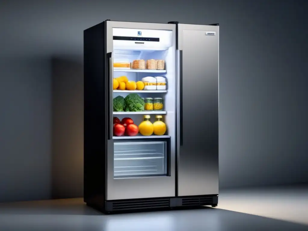 Un refrigerador industrial moderno y minimalista con etiquetas de eficiencia energética