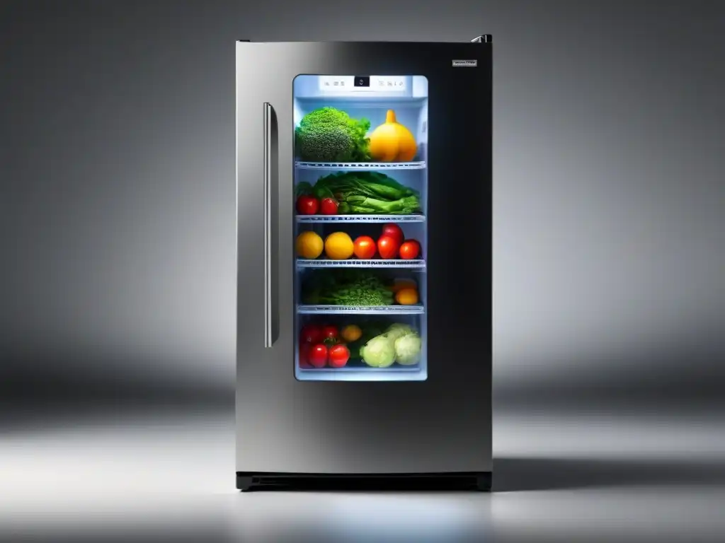 Un refrigerador moderno y eficiente con etiquetas de energía, pantalla digital y alimentos organizados