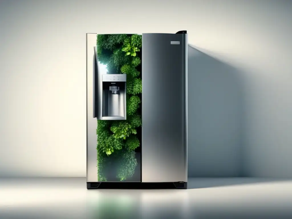 Un refrigerador moderno y eficiente con toques verdes, simbolizando la sostenibilidad en electrodomésticos