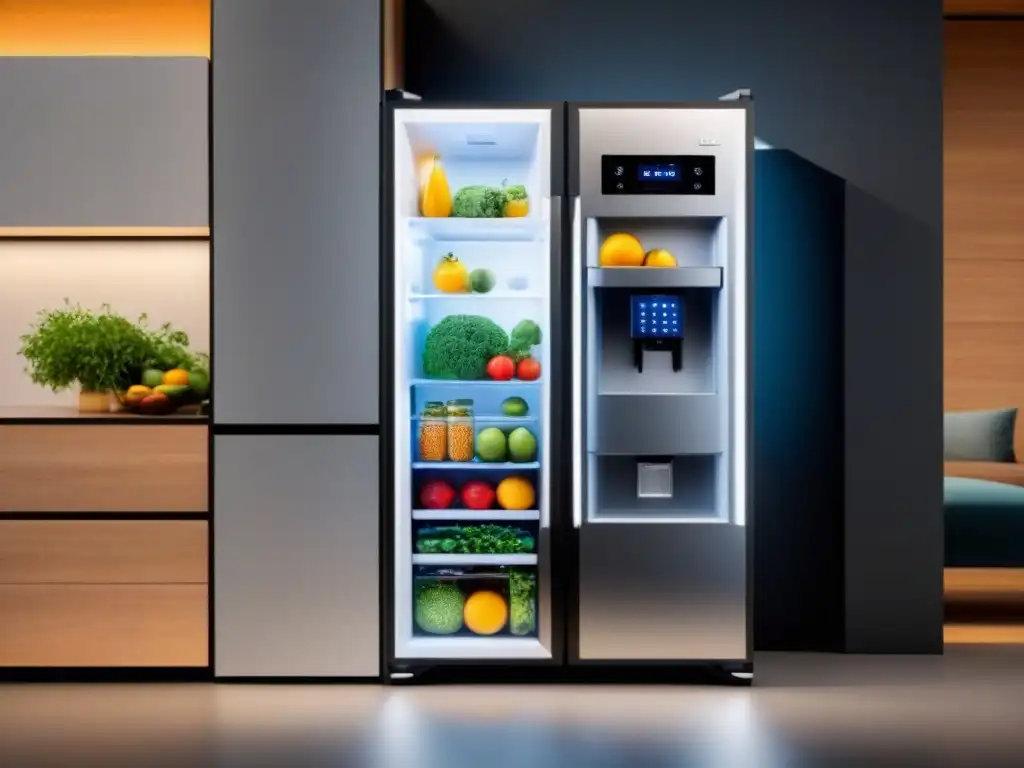 Refrigerador moderno con paneles solares y pantalla digital