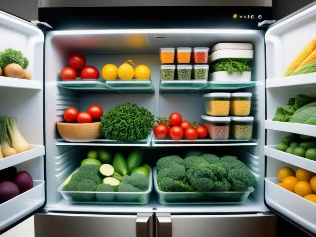 Un refrigerador ordenado con productos frescos en envases reutilizables, transmitiendo la esencia de la planificación menús zero waste