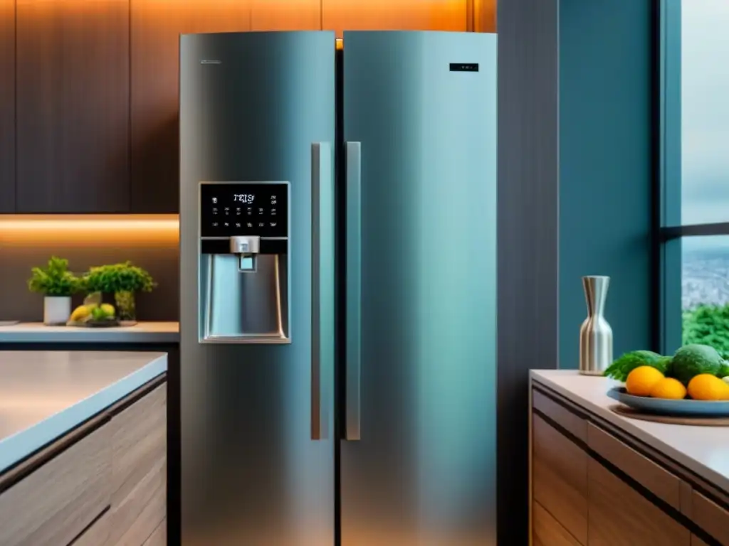 Un refrigerador plateado de alta eficiencia sostenible muestra estadísticas de consumo energético en una cocina minimalista