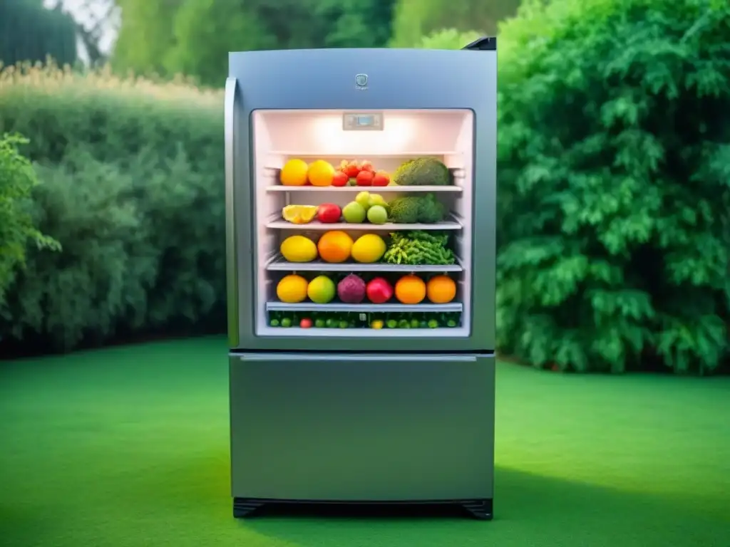 Un refrigerador solar portátil sostenible exhibe frutas frescas y bebidas frías en un entorno verde y luminoso