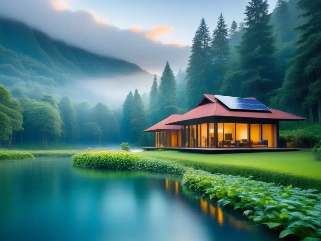 Un refugio de bienestar sostenible en un bosque verde, con arquitectura ecofriendly y vistas al lago y montañas