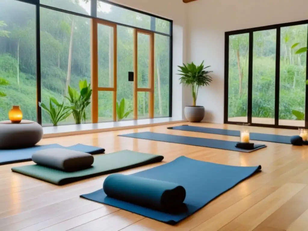 Un refugio ecoamigable en un bosque verde, con suelo de bambú y plantas, yoga mats y zona de meditación