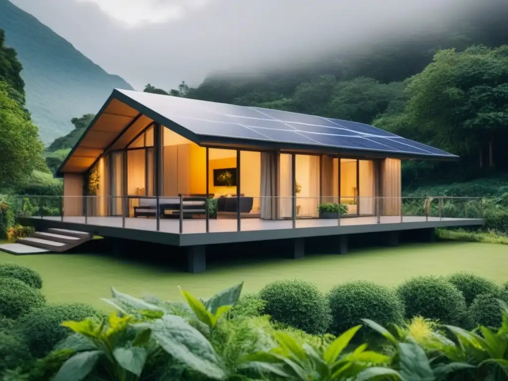 Refugio ecoamigable en un bosque verde con paneles solares, grandes ventanas y jardín diverso