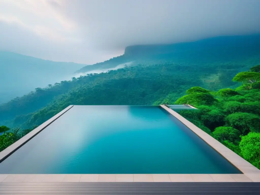 Un refugio ecofriendly de lujo en un bosque verde, con una piscina infinita cristalina que refleja la naturaleza