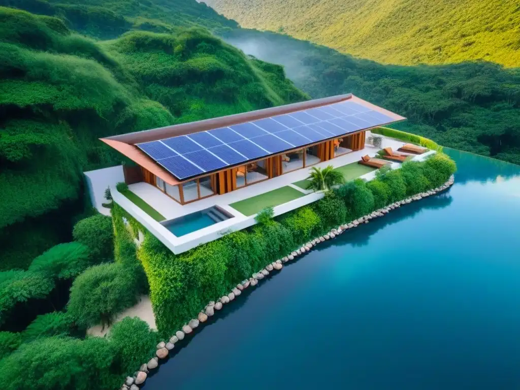 Un refugio ecofriendly de lujo en medio de la naturaleza, con paneles solares brillantes y una piscina de infinito cristalina