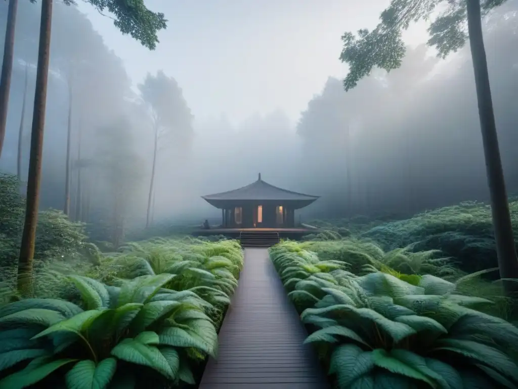 Un refugio ecofriendly sostenible se fusiona armoniosamente con el exuberante bosque verde