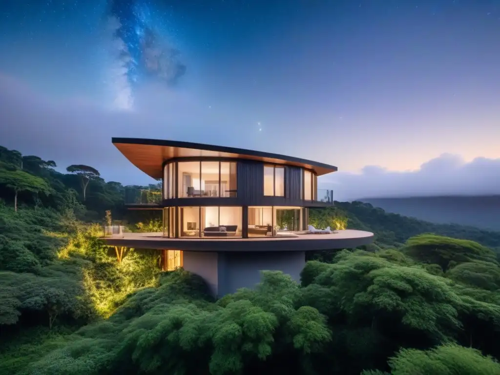 Refugio ecofriendly entre vegetación, ventanales con vista a cielo estrellado