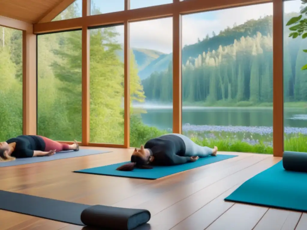 Un refugio ecológico en el bosque con arquitectura sostenible y practicantes de yoga, reflejando retiros de bienestar sostenibles